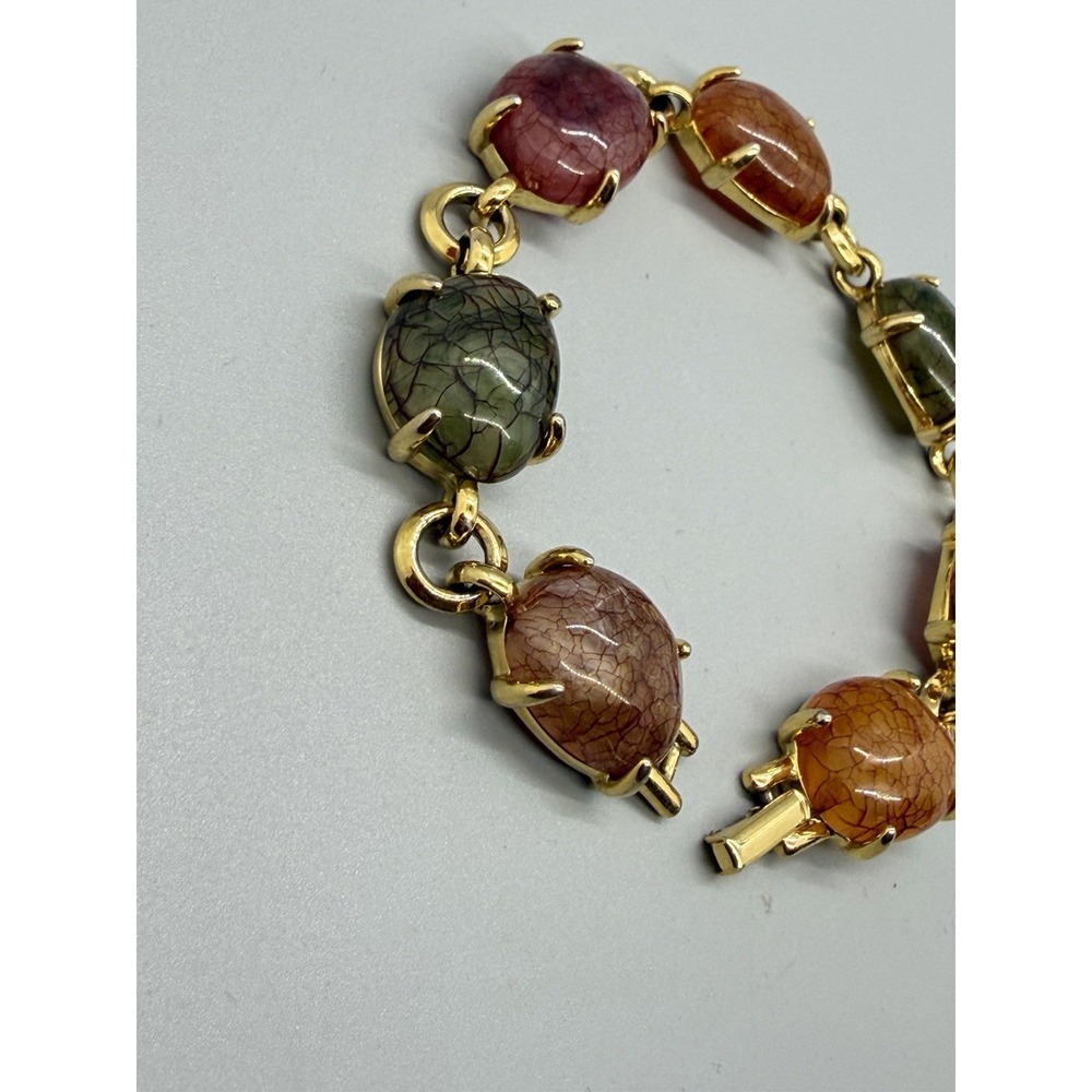 Liz Claiborne Acrylic Bracelet Gold Tone Link Multicolor Cabochon Chunky Vintage - Picture 3 of 13